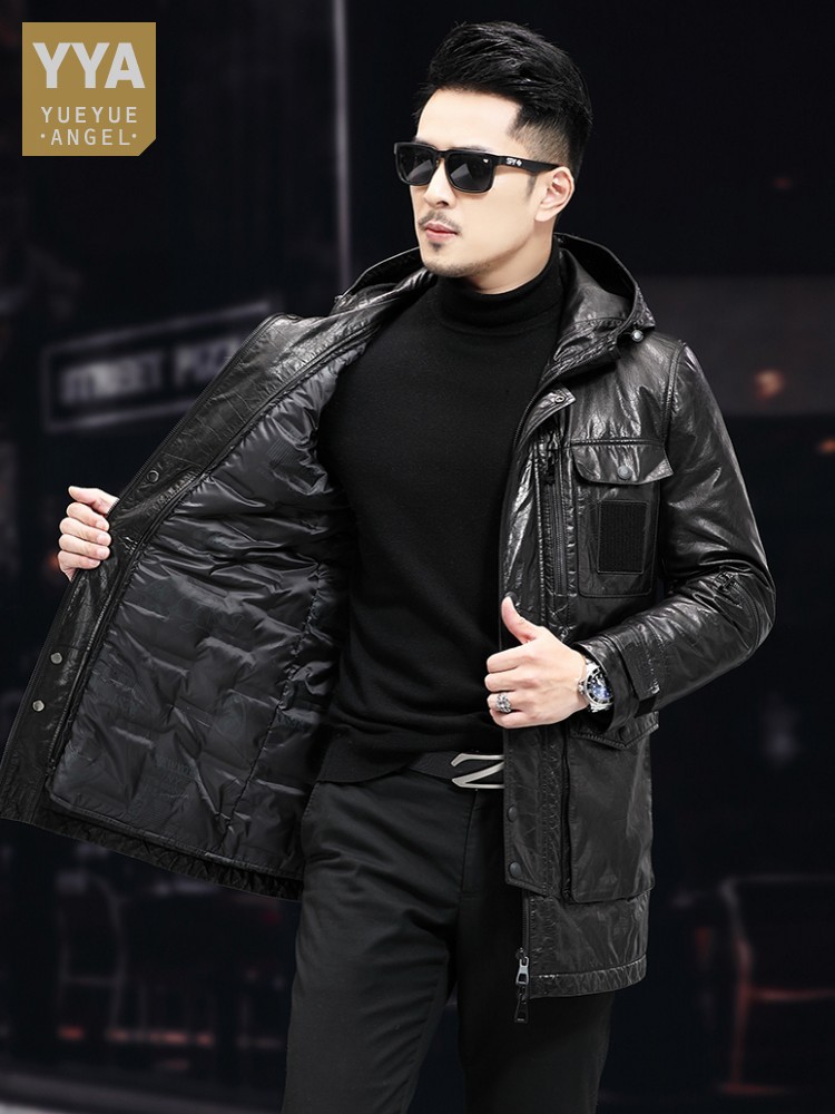 Leather Work Jacket With Hood - Hommes hiver chaud mi-long huile cire