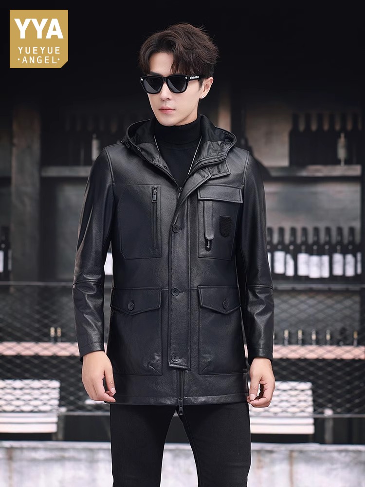 Leather Work Jacket With Hood - Hiver affaires hommes travail mi longue