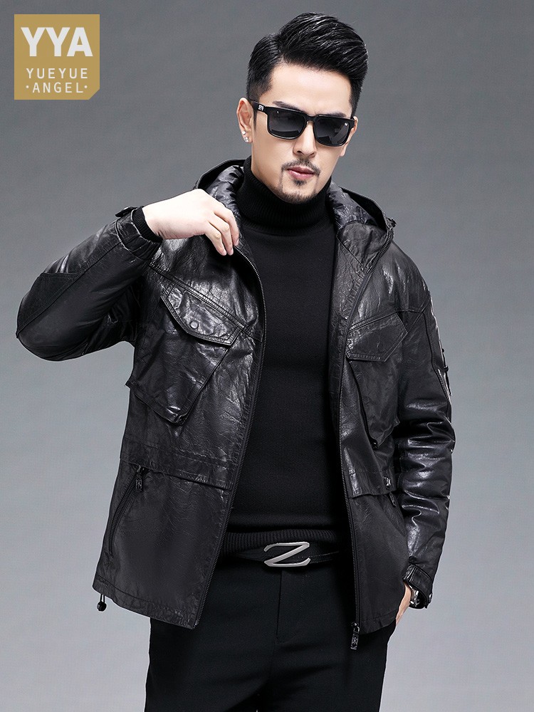 Hiver hommes chaud véritable p - Leather Work Jacket With Hood avis et prix